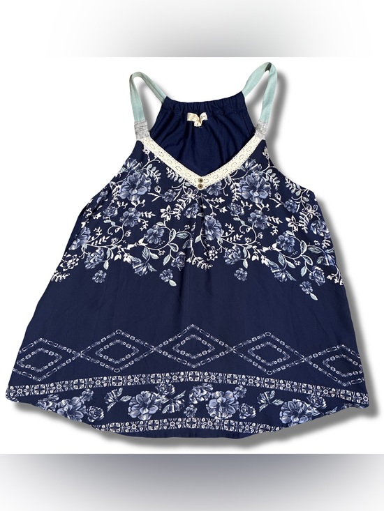 Rewind Tops - Rewind Navy Blue Floral Boho Sleeveless Tank Top with Lace Trim Large